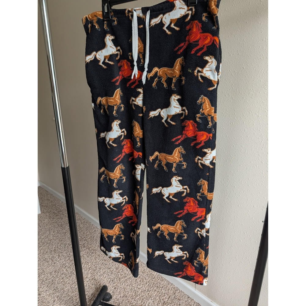 Grandma Pants Womens Small Horse Print Fleece Pajama Pants Black Equestrian
